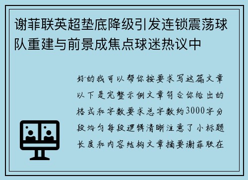 谢菲联英超垫底降级引发连锁震荡球队重建与前景成焦点球迷热议中