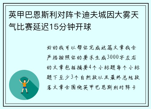 英甲巴恩斯利对阵卡迪夫城因大雾天气比赛延迟15分钟开球